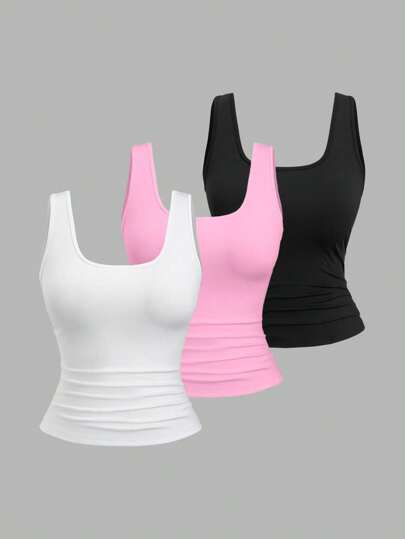 Flirla Plus Size Women's Summer Cropped Square Neck Pleated Casual Tank Top