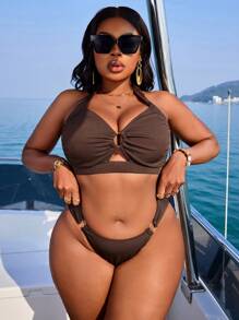 SHEIN SXY CURVE Plus Size Women 2Pcs Deep V-Neck Hollow Out Swimwear, Sexy Beach, Pool Bikini Set, Summer Vacation