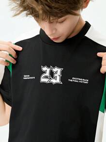Tween Boy' Solid Color Patchwork Round Neck Short Sleeve Numeric Print T-Shirt