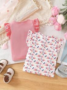 Baby Girl Crew Neck Short Cap Sleeve Simple Casual Top, Daily Wear - Multicolor - View 3
