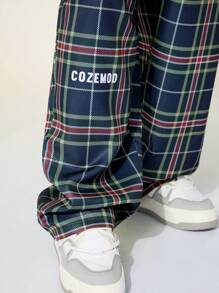 Manfinity VCAY Pantalones largos de talla grande para hombre, de corte holgado y con estampado de cuadros tejidos