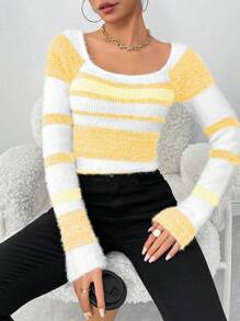 Chiquease Autumn/Winter Casual Contrast Color Stripe Slim Fit Long Sleeve Sweater