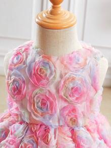 SHEIN Babygirl 可爱优雅粉色花卉印花网眼覆盖夏季连衣裙 - 粉色 - 查看 3