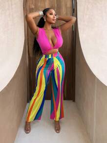 BamGleam Women's Solid Deep V Crop Tank Top And Striped Pants 2 Pieces Outfit, Fashionable