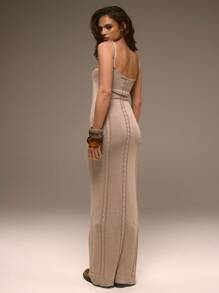 MUSERA Scoop Neck Cable Knitted Maxi Dress Western Bohemian Sexy Ibiza Festival Beach - Apricot - View 3