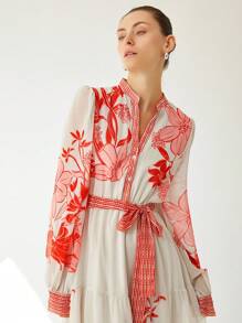 Aveloria Modichic Luxury Design Vintage Print Cinched Waist Slim Fit Long Sleeve Women's Long Dress - Multicolor - View 6