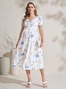 SHEIN Vestido de maternidad con cuello cruzado en V, manga corta y volantes para la primavera