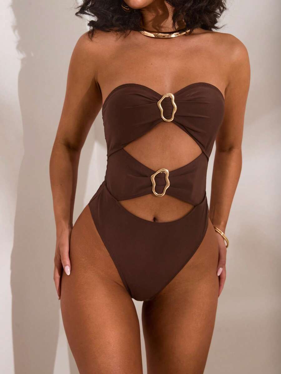 Opulessa 1pc Women Solid Color Knit One Piece Swimsuit, Simple & Fashionable For Casual & Everyday Wear, Summer Beach Vacation - Brown - View 1