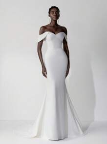 SHEIN Belle 优雅奢华象牙色露肩褶饰美人鱼长裙，配有可拆卸裙裾，弹力针织撞色蕾丝，适合婚礼、派对、度假、舞会、新娘 - 米色 - 查看 7