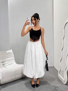 Gonna a bolla bianca a righe casual e da pendolare, longuette - Bianco - Visualizzare 3