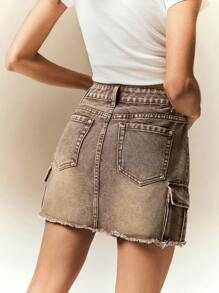 Poéselle Women's Front Button Pocket Simple Frayed Hem Casual Denim Mini Skirt
