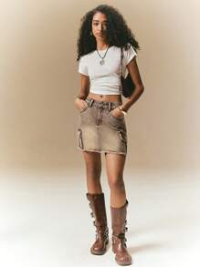 Poéselle Women's Front Button Pocket Simple Frayed Hem Casual Denim Mini Skirt