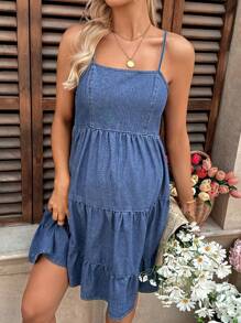 SHEIN Vestido con volantes de peplum sin mangas de maternidad de vaquero azul, apto para primavera/verano, vacaciones, verano azul, atuendos de vacaciones para mujer, Pascua, primavera, estilo occidental, atuendos de oficina para mujer, atuendos de fiesta, vestido de baby shower, estilo campestre, vestidos elegantes para mujer, vestido de playa, vestido de graduación, vestido de vacaciones, vestido de Pascua, vestido de verano, vestido sin espalda, regalo para el Día de la Madre/Mamá/Madre/Mami/Día de la Madre/Mamá