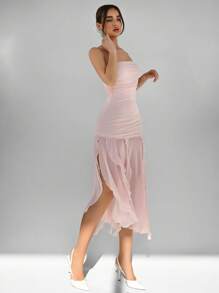 Aloruh Women Elegant Solid Color Asymmetric Hem Bandeau Dress - Pink - View 4