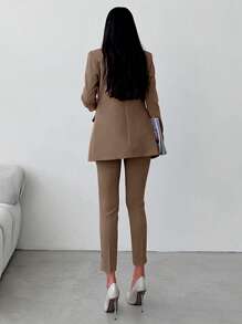 EURMUSE Women's Solid Color Blazer And Pants Suit Set, Simple Fashion Casual Daily Wear - Mocha Brown - View 2