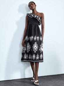 Chiquease Robe mi-longue sans manches pour femmes avec épaule découpée et bordure à volants, imprimé floral