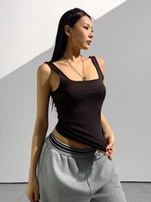 Flirla Women Casual Versatile Solid Color Ruched Slim Fit Camisole - Coffee Brown - View 6