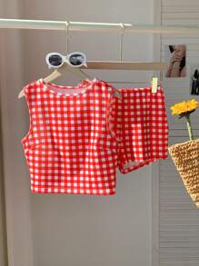 SHEIN EZwear Set de 2 piezas con camiseta de tirantes y pantalones cortos a cuadros, sexy y lindo