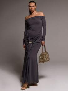 MUSERA Slinky Bardot Draped Maxi Dress Wedding Guest, Elegant, Summer Long Dress - Grey - View 1