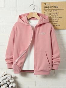 SHEIN 男大童字母補丁細節加絨內裏連帽衛衣不帶T恤 - 粉色 - 查看 4