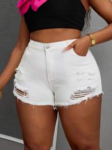 SHEIN SXY Plus Size Women Distressed Pockets Raw Hem Casual Denim Shorts