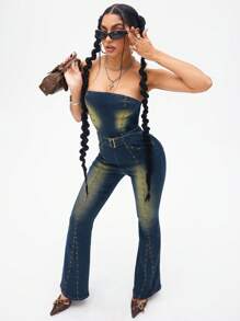 Jeanoix Mono estilo retro americano con escote halter, nuevo monos de pierna acampanada ajustados y desgarrados, sexy para primavera/otoño