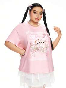 ROMWE Kawaii Plus Size Vrouwen Schattige Kattenprint 3D Strik Plus Size T-shirt
