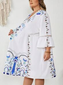 SHEIN CURVE+ 大码女式定位印花蕾丝下摆连衣裙、节日连衣裙、度假风格连衣裙