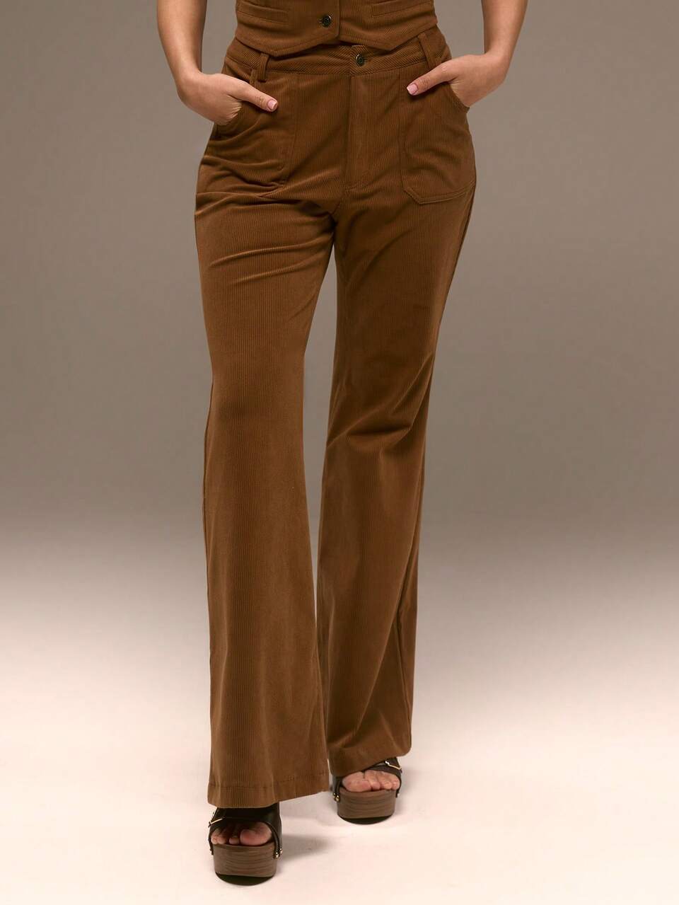 Cord Pocket Front Flared Trousers Festival Western Boho Festival Rave Vacation Ibiza Autumn Casual Concert Dark Brown