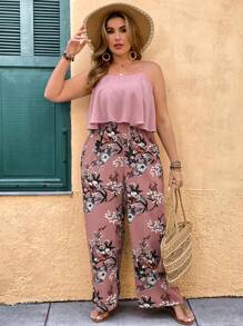 SHEIN VCAY 大码假日海滩休闲西部乡村粉色花卉印花拼布宽松阔腿连体裤