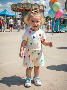 SHEIN 2pcs/Set Baby Girl 0-3 Years Fashionable Cute Colorful Balloon Pattern Crew Neck Short Sleeve T-Shirt & Shorts Set - Apricot - View 1