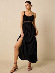 Poéselle Detail Waist And Lace Splicing Swing Cami Dress For Vacation
