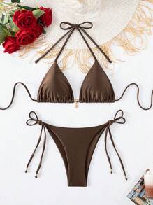Swim SXY Set de 2 piezas de bikini triángulo brillante de unicolor con decoración metálica, un elegante y sexy traje de baño para la playa, fiestas y resorts