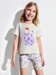 THE HAPPY LOOK Ensemble jeune fille d'un t-shirt ample à imprimé chat avec épaules dénudées et un short à imprimé chat tout-sur, style décontracté et mignon