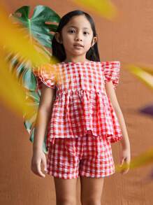 THE HAPPY LOOK Young Girl 2pcs Red Plaid Detachable Ruffle Bowknot Blouse Sets