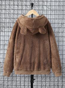 SHEIN 青少年男孩字母贴布袋鼠口袋3D耳朵设计泰迪熊卫衣 - 駝色 - 查看 2