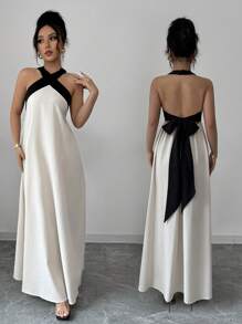 Rafferiza Black & Apricot Color Block Elegant Halter Backless Bowknot Strap Sleeveless Maxi Dress, Casual Beach Resort