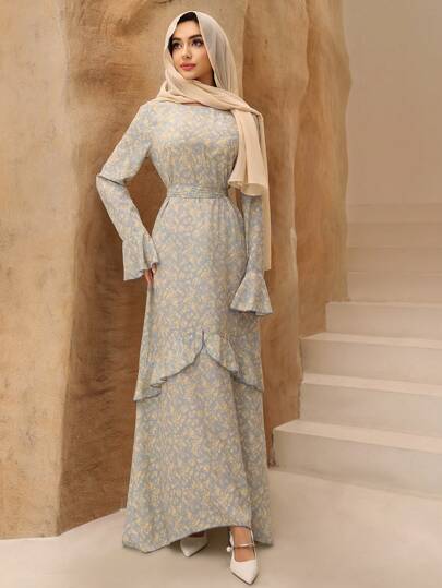 Graceveil Vestido largo de manga larga con volantes en la cintura y estampado floral diminuto para mujer, modesto