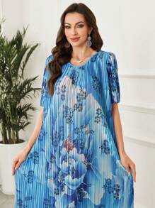 Seusyu Women's Crew Neck Short Sleeve Floral Print Casual Long Dress - Multicolor - View 3