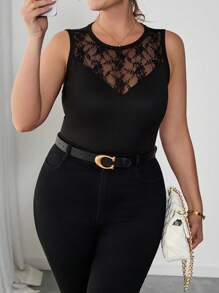 SHEIN Clasi Plus Size Elegant And Sexy Lace Panel Sleeveless Bodysuit Women Clothing Bodysuit Bodysuit Top Bodysuits For Women Summer Outfits For Women Wedding Guest Dress Women  Concert Outfit Women Wedding Guest Dress Women