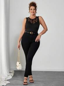 SHEIN Clasi Plus Size Elegant And Sexy Lace Panel Sleeveless Bodysuit Women Clothing Bodysuit Bodysuit Top Bodysuits For Women Summer Outfits For Women Wedding Guest Dress Women  Concert Outfit Women Wedding Guest Dress Women