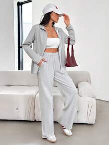 SHEIN Women Two Pieces Long Sleeve Zipper Detailed Sweatshirts And Wide Leg Sweatpants Sets