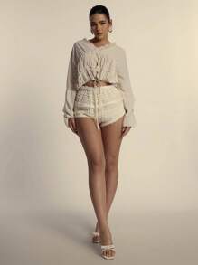 MUSERA Sheer Plunge Neck Ruched Tie Bow Detail Long Sleeve Blouse Spring  Elegant Cute ,Elegant - Cream - View 5