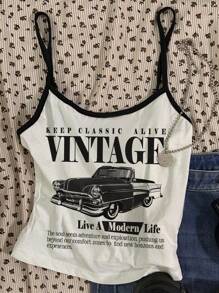 Attitoon Women's Casual Sexy Spaghetti Strap Skinny Black & White Splice Camisole Top, Vintage Car Graphic, Contrast Trim Back To School