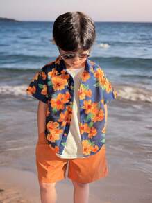 SHEIN 2pcs/Set Young Boys Hawaiian Flower Print Shirt & Shorts Set, Comfortable, Breathable, Cool & Moisture Wicking, Suitable For Spring/Summer, Daily, Sports, Outdoor, School, Party, Holiday, Photo Shooting, Back To School