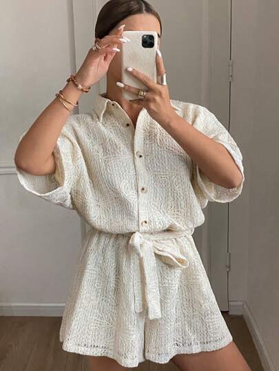 Serisse Women's Solid Color Short Sleeve Jumpsuit, Simple Casual Everyday Wear, Lapel Open Placket And Waist Tie, Solid Color Hollow Textured Fabric, Suitable For Vacation And Daily Wear, Spring/Summer Holiday Resort