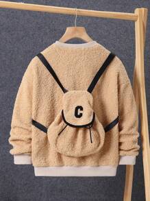 SHEIN Tween Boy Contrast Trim Teddy Pullover With Bag - Khaki - View 5