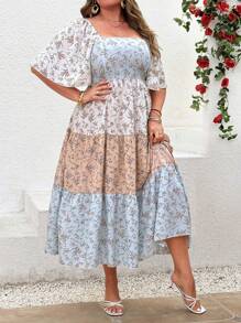Breezaya Vestido midi elegante de vacaciones para mujeres con cuello cuadrado, mangas con volantes, parche de contraste de color y estampado floral en talla grande