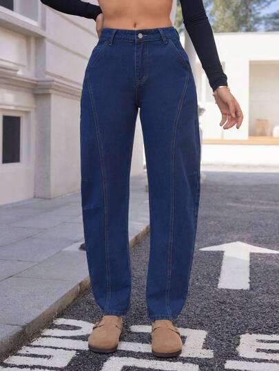 SHEIN Essnce Pantalones vaqueros de corte banano casual y desteñidos para mujer, de estilo minimalista para uso diario