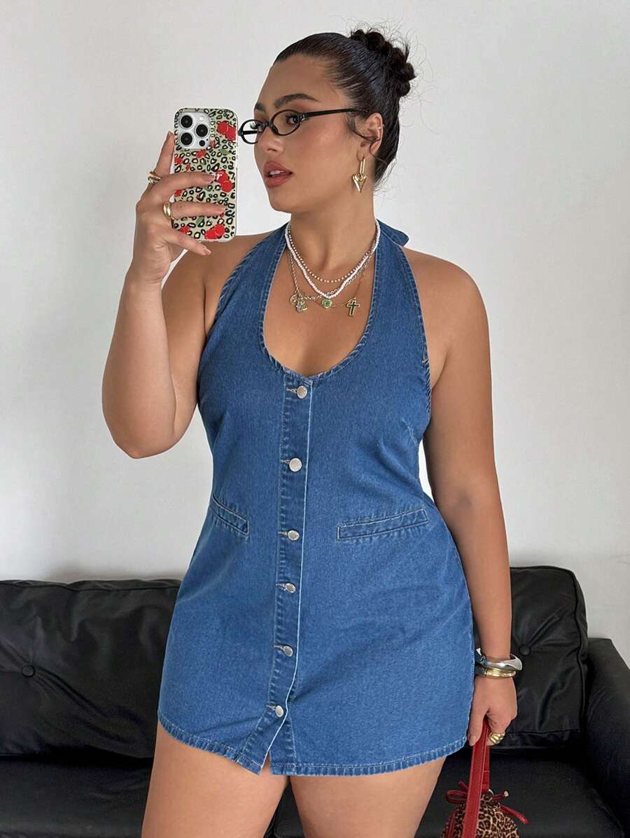 Vestido mini ajustado sin mangas de mezclilla talla grande, azul - Azul - Ver 1